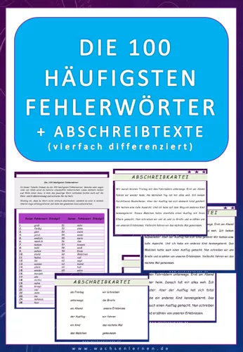 Deutsch Die 100 häufigsten Fehlerwörter + Abschreibtexte
