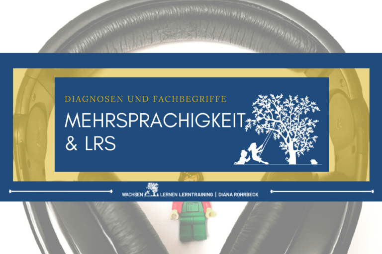 Banner für einen Blogartikel mit der Überschrift 'Diagnosen und Fachbegriffe Mehrsprachigkeit & LRS' unter einem stilisierten Baum, der Lesen und Lernen darstellt, von Diana Rohrbeck.